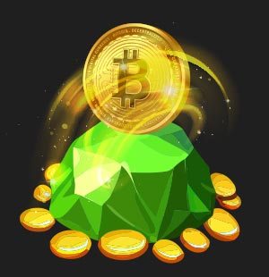 twisting bitcoin coin on top of a green rock with golden coins around